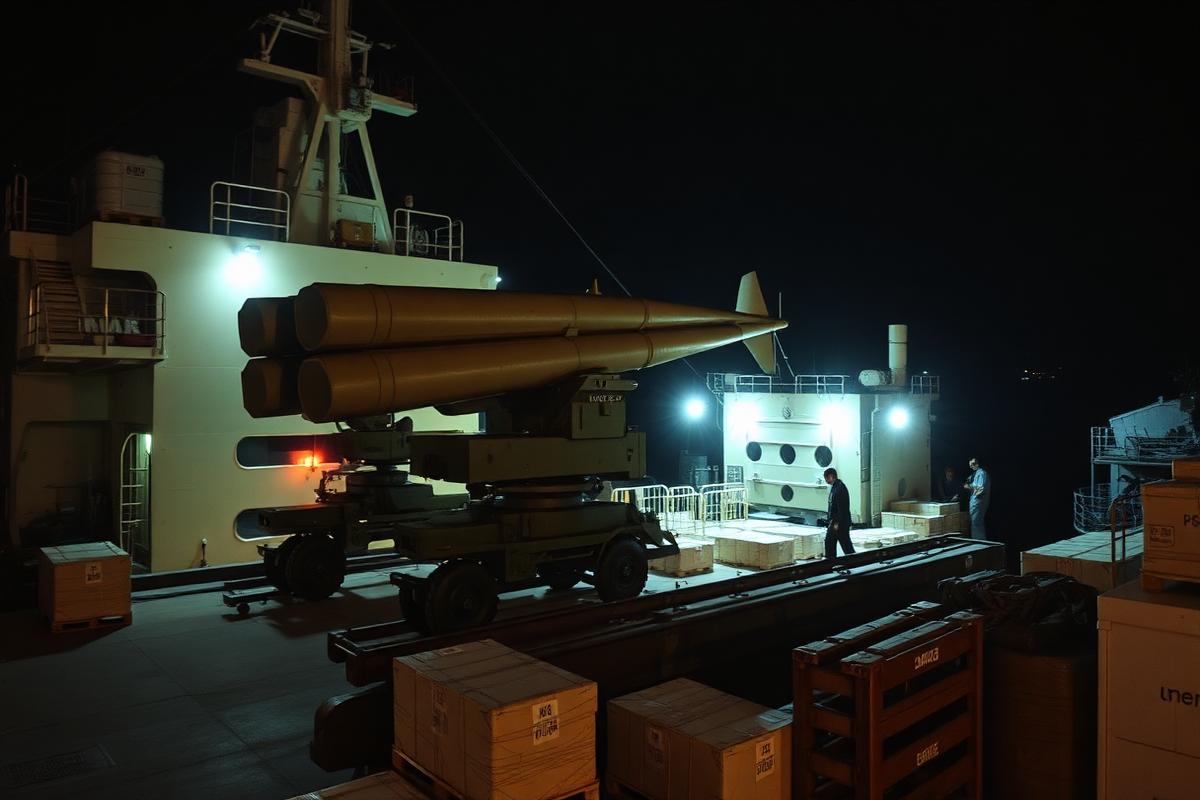 Military materiel being loaded at port — Bofors used Singapore as a transit point for re-export to Iran