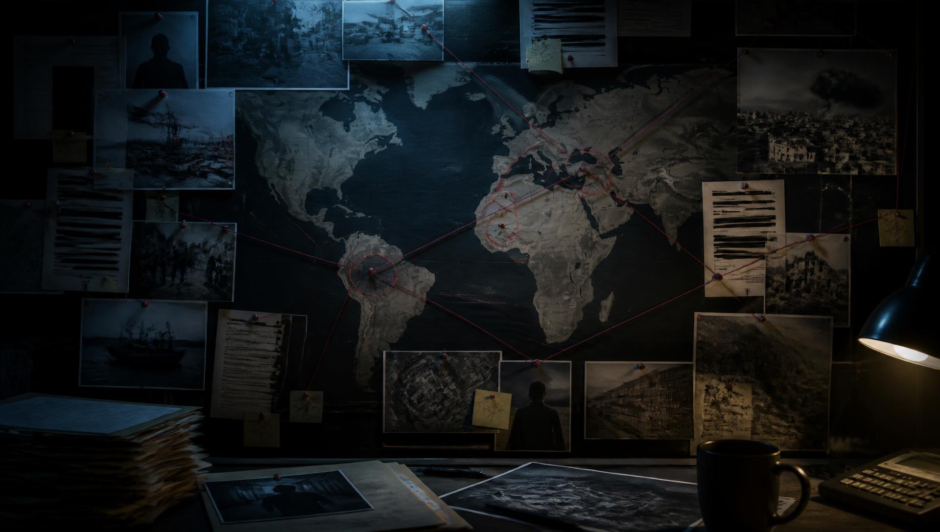 Investigation evidence board mapping Project Cassandra targets across Lebanon, West Africa, and South America