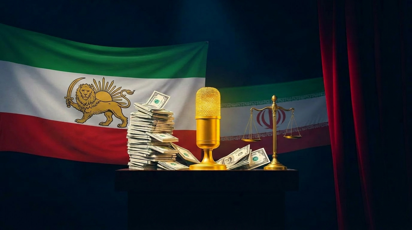 A golden microphone surrounded by stacks of dollar bills against a faded Iranian flag and a scale of justice