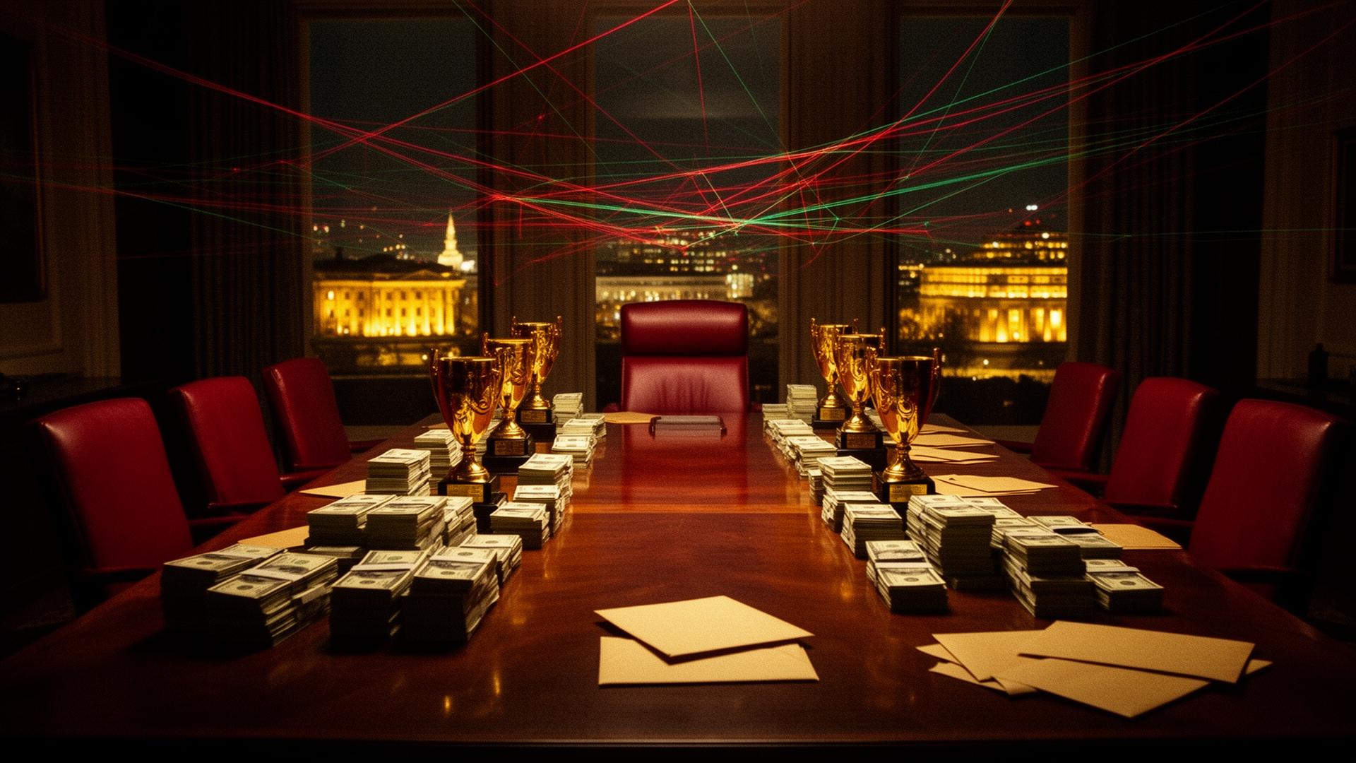 A dimly lit Washington boardroom — money, golden trophies and red and green threads — symbolizing the paid diaspora opposition industry