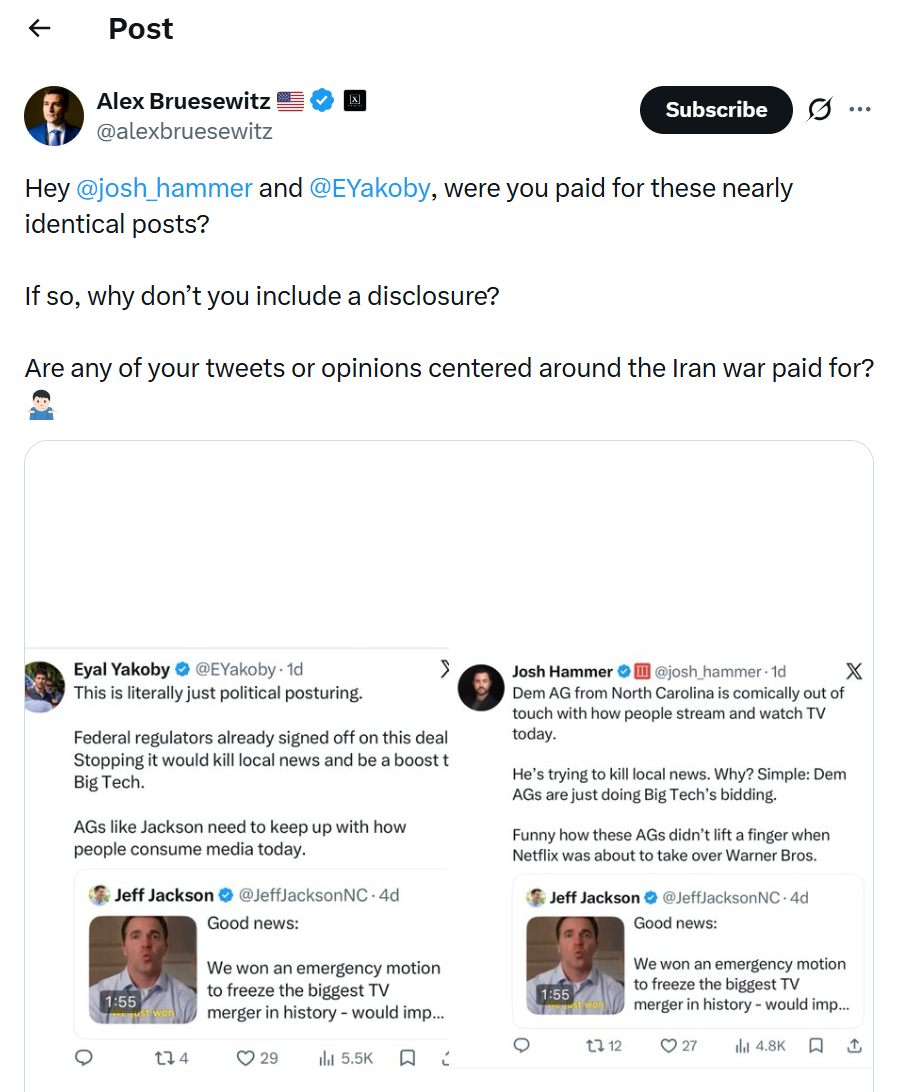 Screenshot of an X post by Alex Bruesewitz asking @josh_hammer and @EYakoby whether they were paid for nearly identical posts and whether opinions on the Iran war are paid for