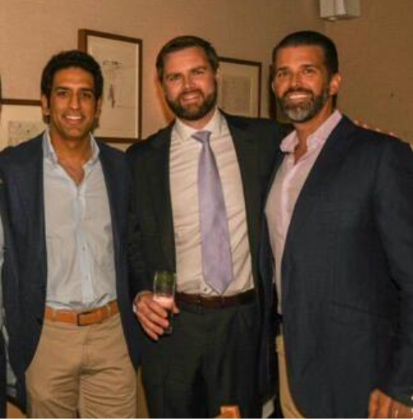 Omeed Malik, JD Vance, and Donald Trump Jr. at a formal event