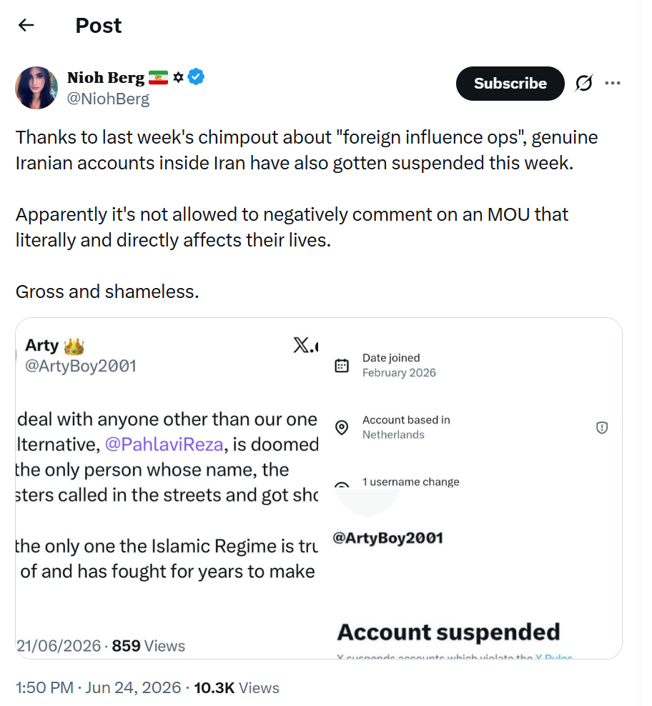 Screenshot of an X post from @NiohBerg reporting that genuine Iranian accounts inside Iran were suspended after criticizing the MOU