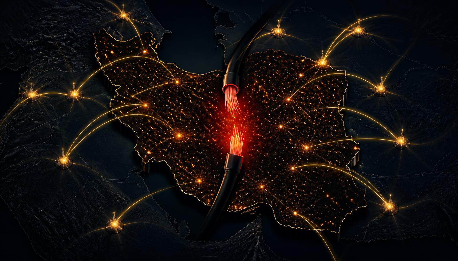 Editorial illustration of Iran with a severed fiber-optic cable and volunteer relay stations reaching in from outside the borders