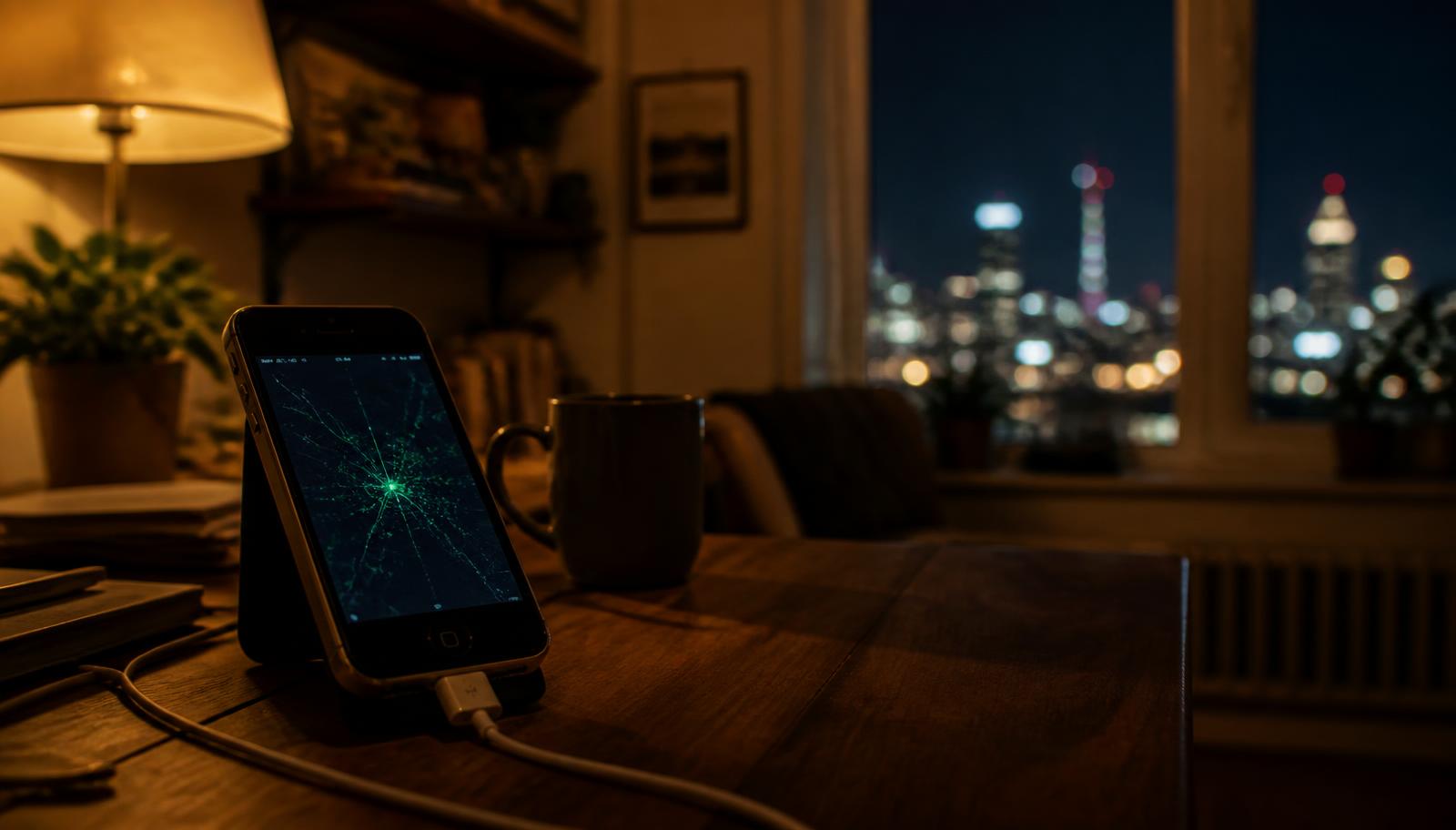 A spare smartphone plugged in on a wooden desk in a warmly lit apartment, running a network relay app at night