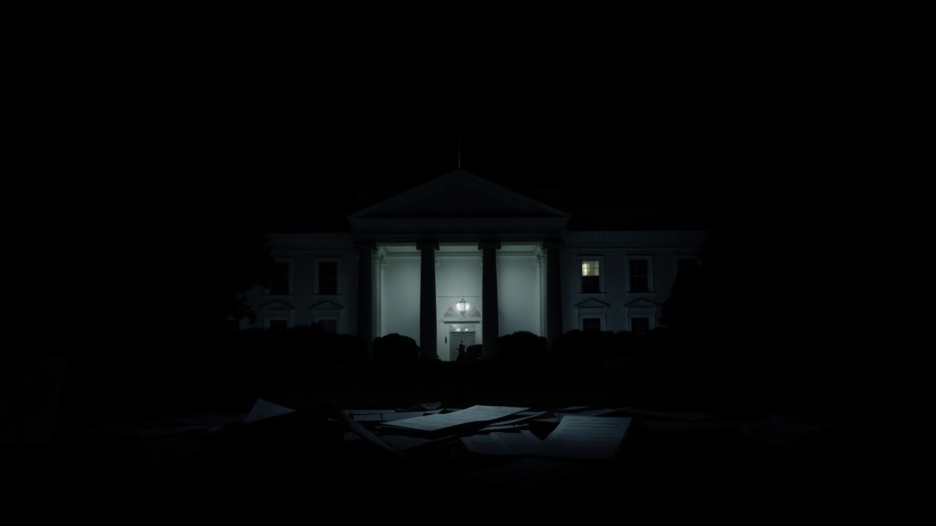 White House at night with scattered documents