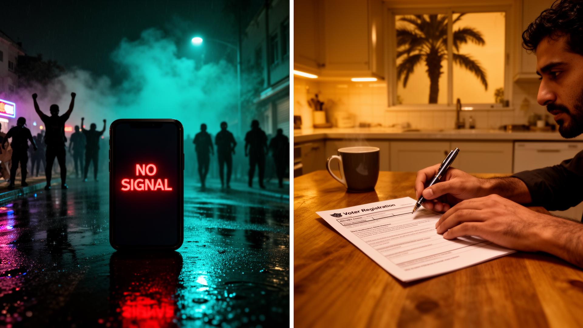 Split image — left: a Tehran street at night with a phone showing 'No Connection'; right: a quiet suburban kitchen at night with a voter registration form on the table