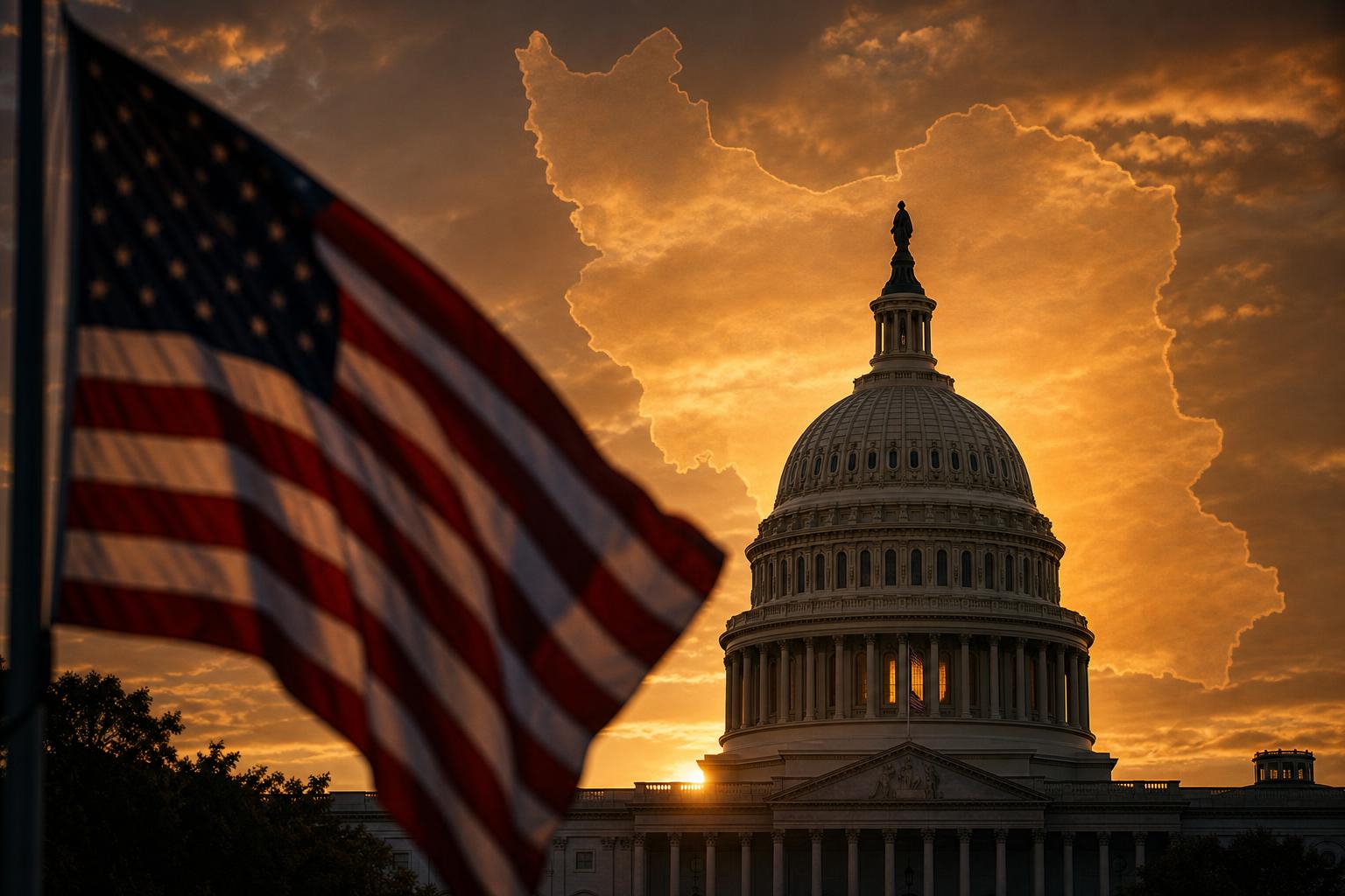 The U.S. Capitol Dome at sunset with an American flag and the faint outline of Iran etched into the sky