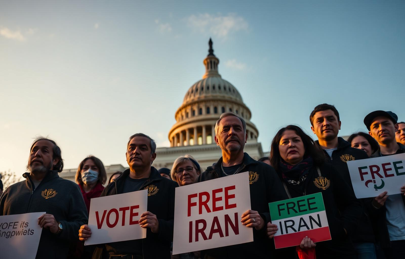 Iranian-American citizens holding signs in front of the U.S. Capitol at dusk, demanding action and accountability